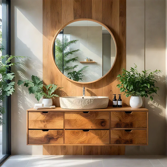 Handcrafted Solid Wood Floating Vanity with Stone Basin - Elitegemse