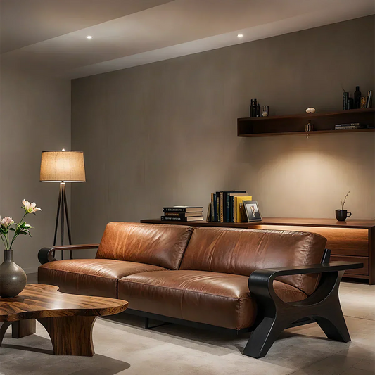 Handcrafted Solid Wood Leather Sofa – Modern Rustic Elegance - Elitegemse
