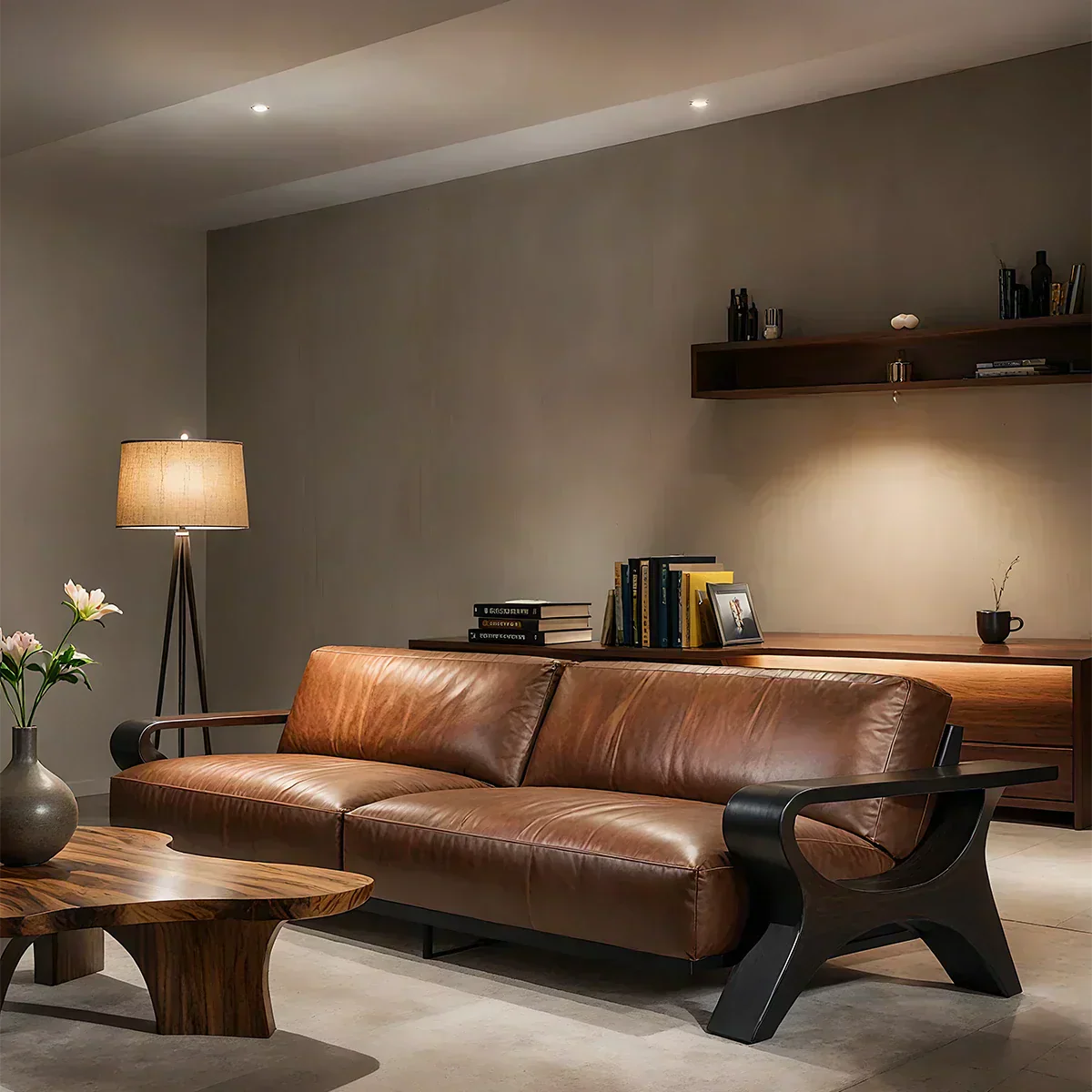 Handcrafted Solid Wood Leather Sofa – Modern Rustic Elegance - Woodenecho