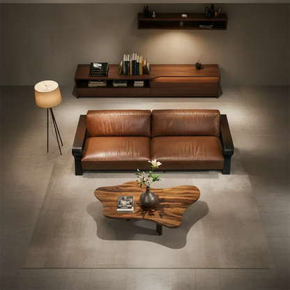 Handcrafted Solid Wood Leather Sofa – Modern Rustic Elegance - Woodenecho
