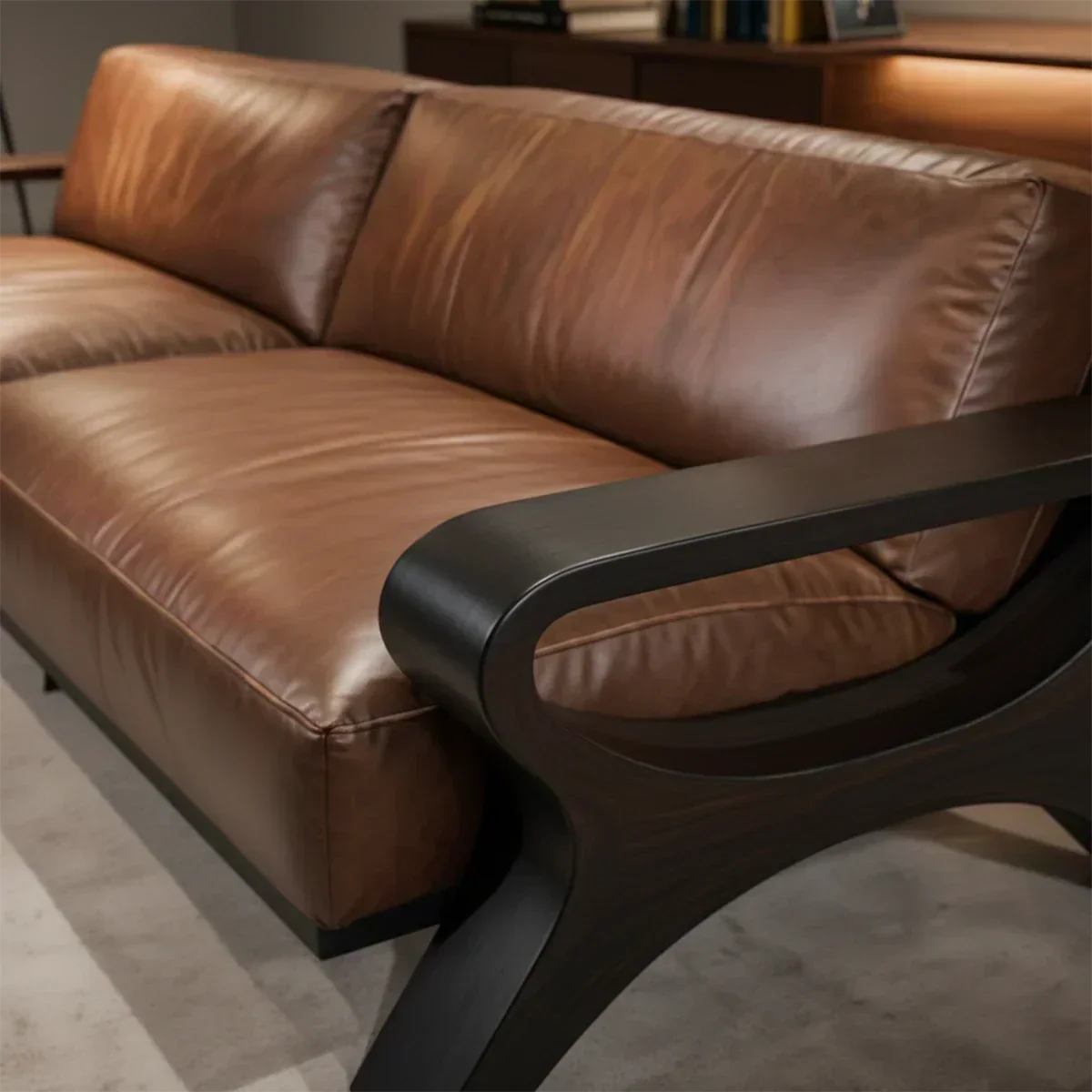 Handcrafted Solid Wood Leather Sofa – Modern Rustic Elegance - Woodenecho