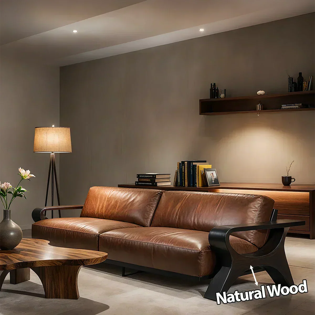 Handcrafted Solid Wood Leather Sofa – Modern Rustic Elegance - Woodenecho