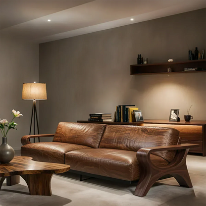 Handcrafted Solid Wood Leather Sofa – Modern Rustic Elegance - Woodenecho