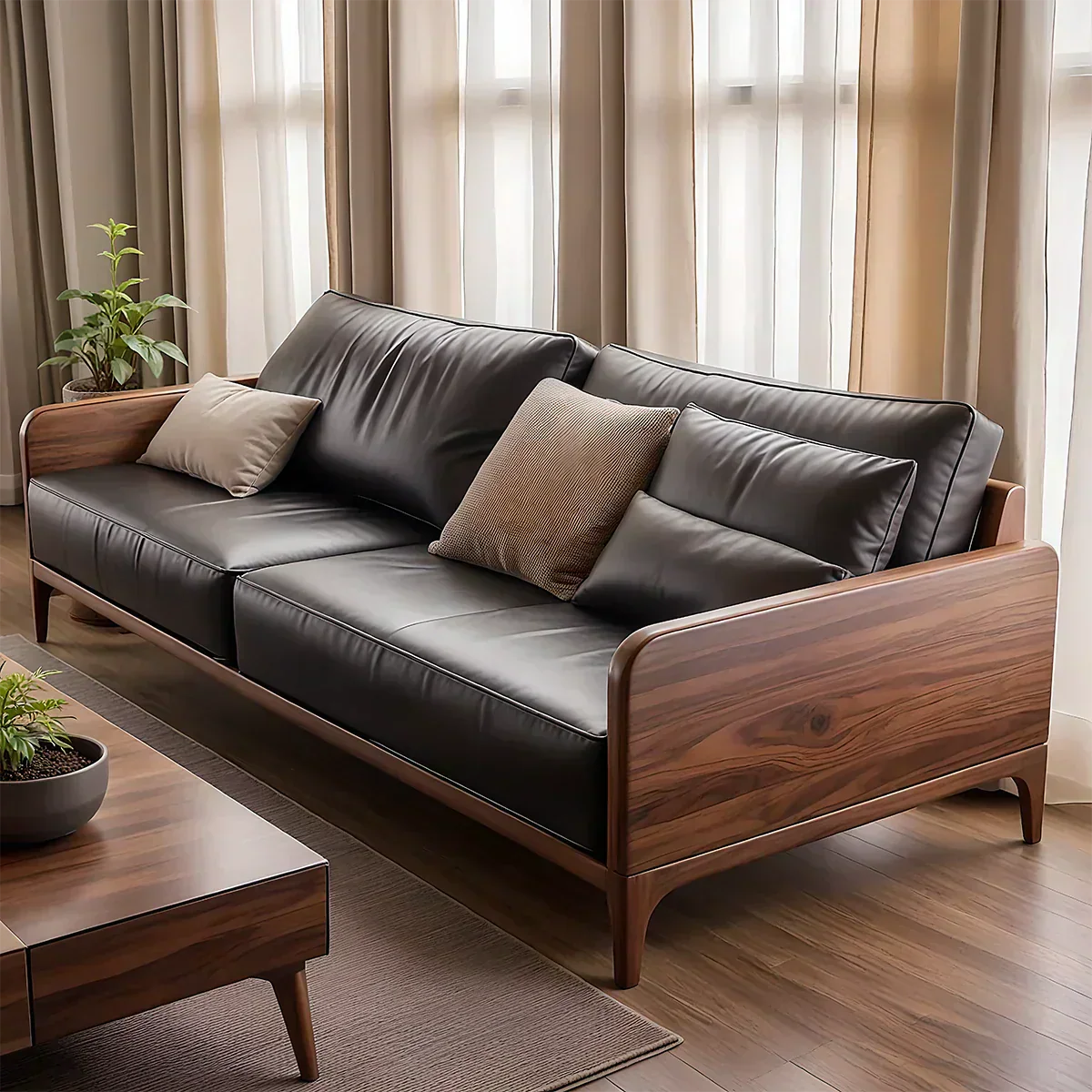 Handcrafted Solid Wood Leather Sofa – Premium Modern Design - Woodenecho
