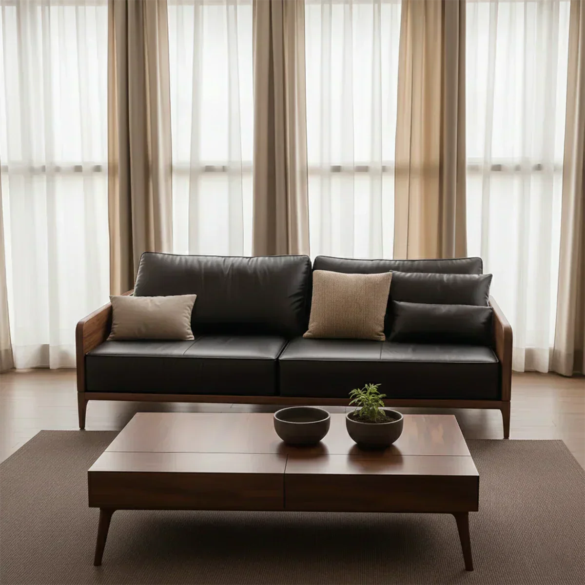 Handcrafted Solid Wood Leather Sofa – Premium Modern Design - Woodenecho