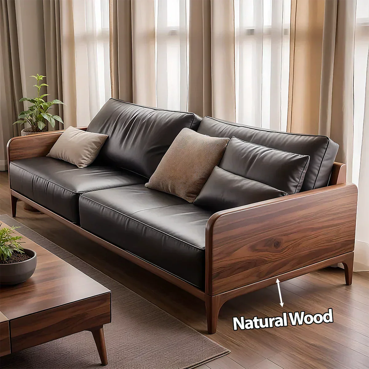 Handcrafted Solid Wood Leather Sofa – Premium Modern Design - Woodenecho