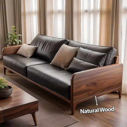 Handcrafted Solid Wood Leather Sofa – Premium Modern Design - Woodenecho