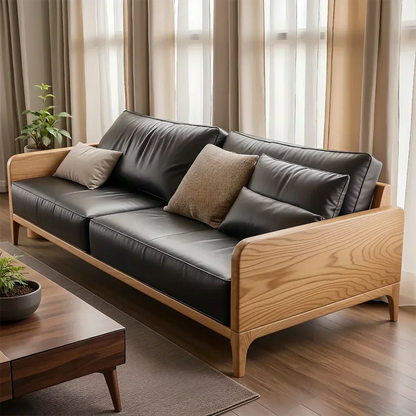 Handcrafted Solid Wood Leather Sofa – Premium Modern Design - Woodenecho