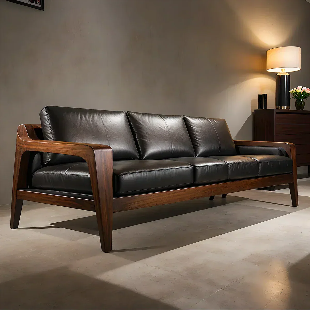 Handcrafted Solid Wood Leather Sofa – Premium Modern Elegance - Woodenecho