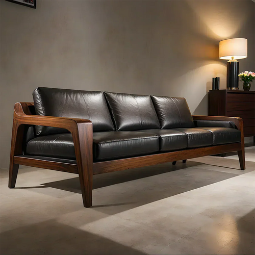 Handcrafted Solid Wood Leather Sofa – Premium Modern Elegance - Woodenecho