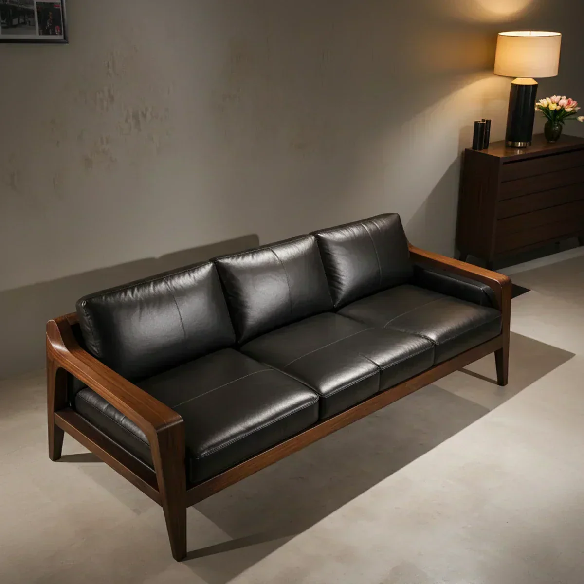 Handcrafted Solid Wood Leather Sofa – Premium Modern Elegance - Woodenecho