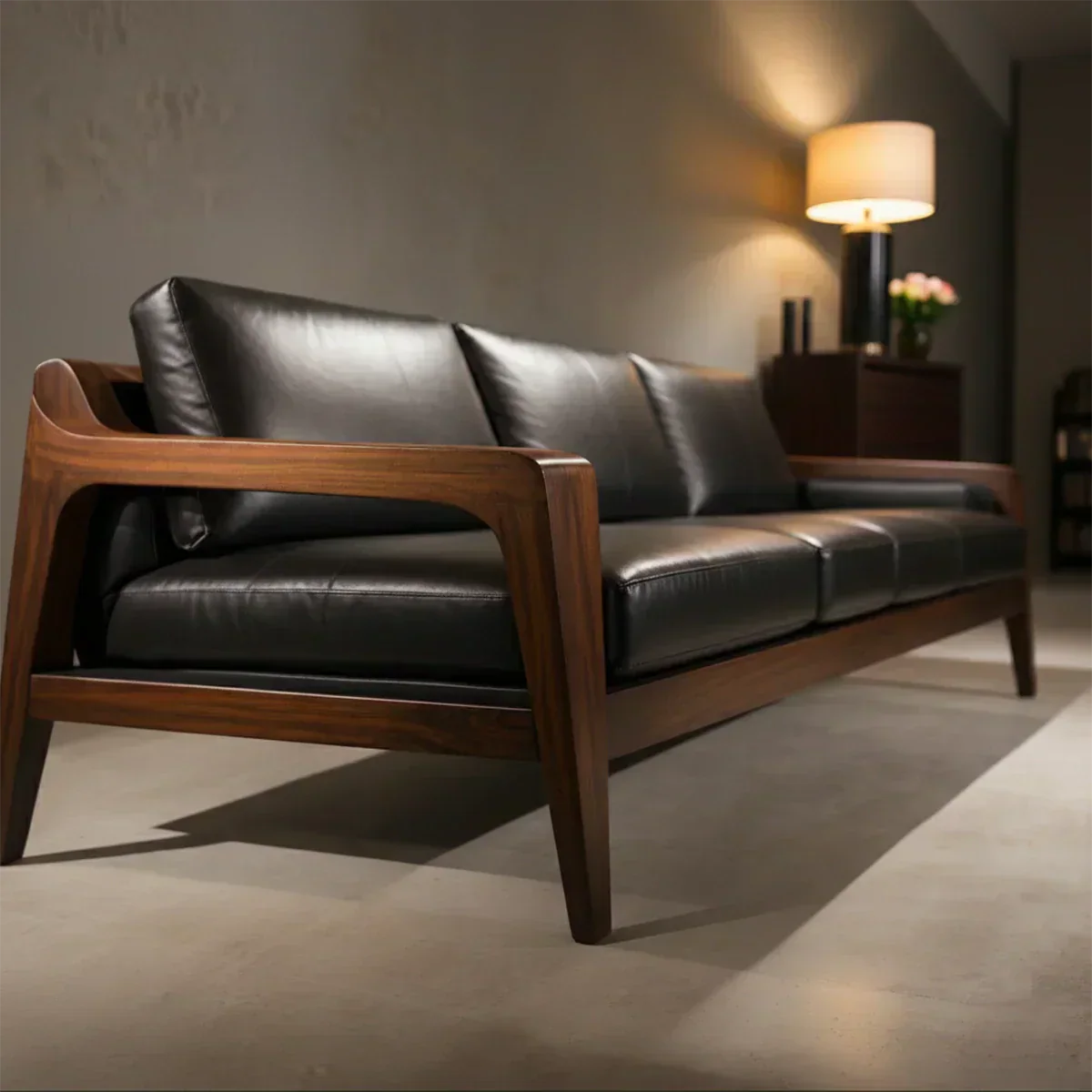 Handcrafted Solid Wood Leather Sofa – Premium Modern Elegance - Woodenecho