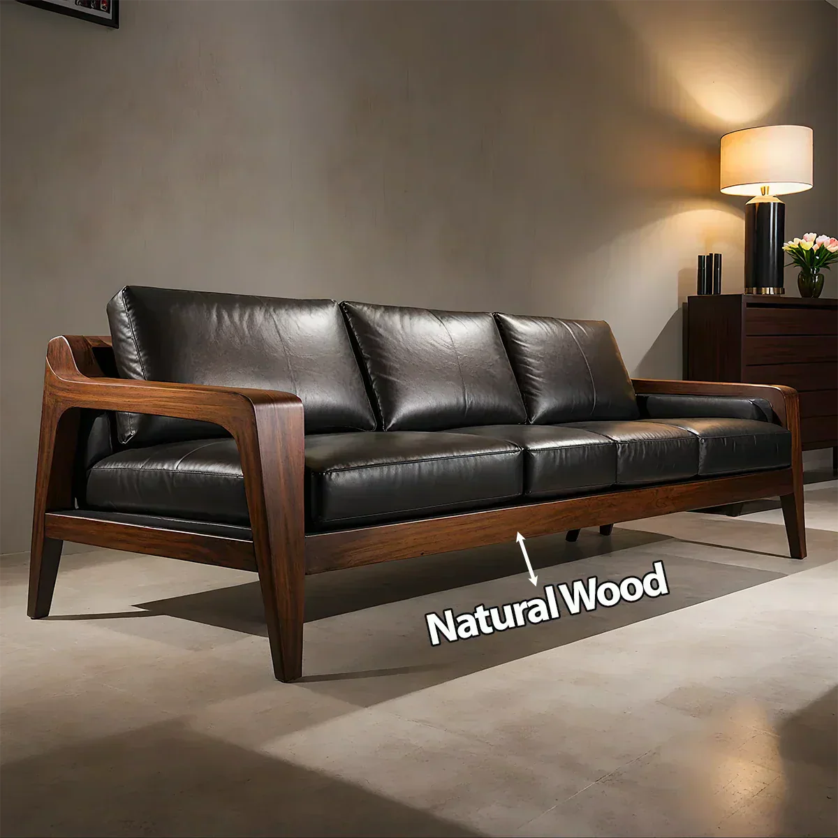 Handcrafted Solid Wood Leather Sofa – Premium Modern Elegance - Woodenecho