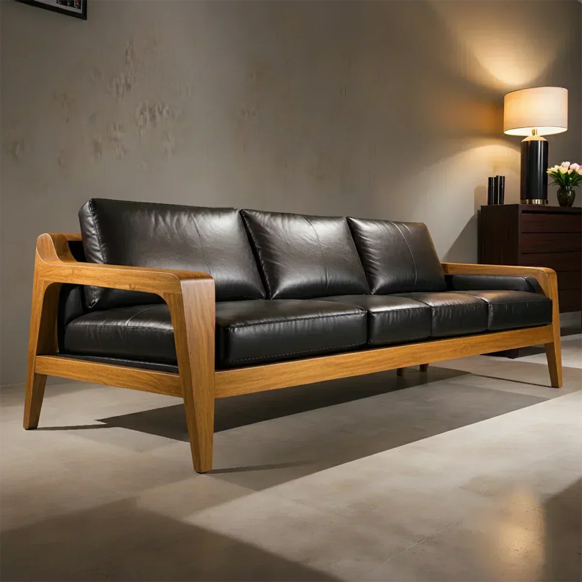 Handcrafted Solid Wood Leather Sofa – Premium Modern Elegance - Woodenecho