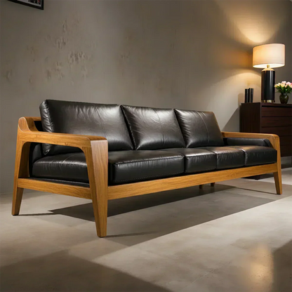Handcrafted Solid Wood Leather Sofa – Premium Modern Elegance - Woodenecho