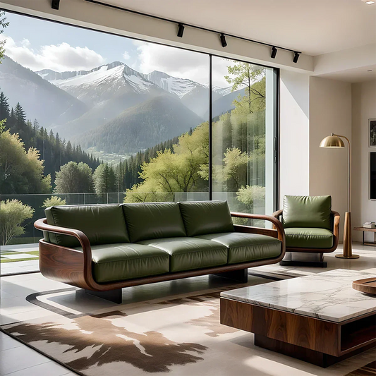 Handcrafted Solid Wood Leather Sofa – Rustic Natural Wood Finish - Elitegemse