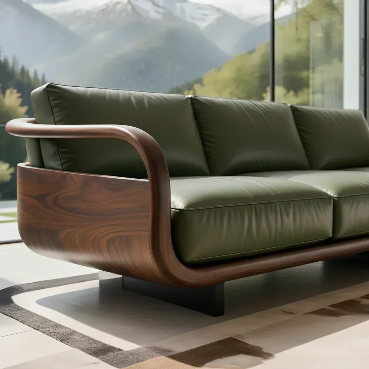 Handcrafted Solid Wood Leather Sofa – Rustic Natural Wood Finish - Woodenecho