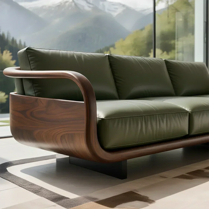 Handcrafted Solid Wood Leather Sofa – Rustic Natural Wood Finish - Woodenecho