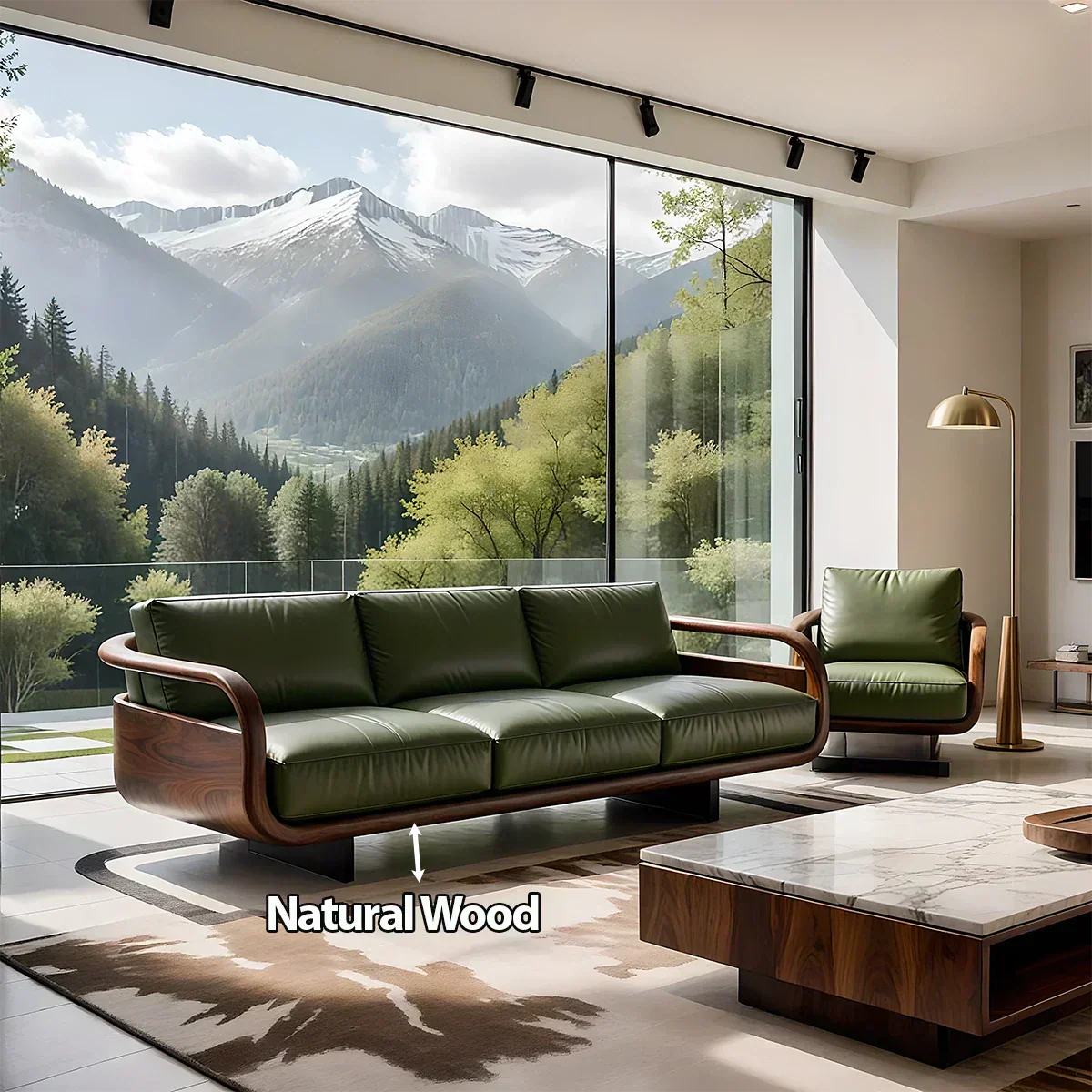 Handcrafted Solid Wood Leather Sofa – Rustic Natural Wood Finish - Woodenecho