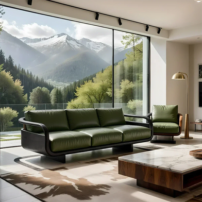 Handcrafted Solid Wood Leather Sofa – Rustic Natural Wood Finish - Woodenecho