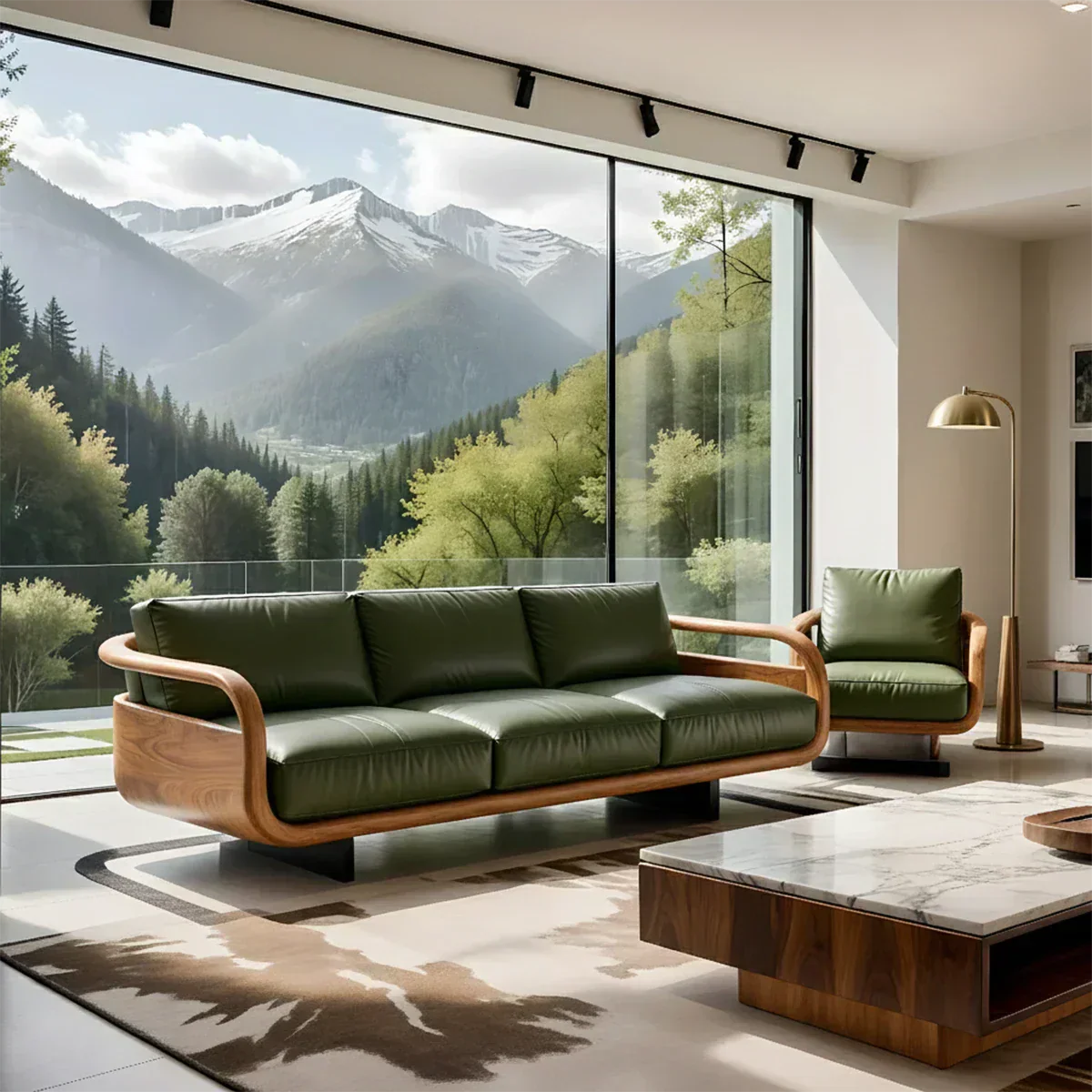 Handcrafted Solid Wood Leather Sofa – Rustic Natural Wood Finish - Woodenecho
