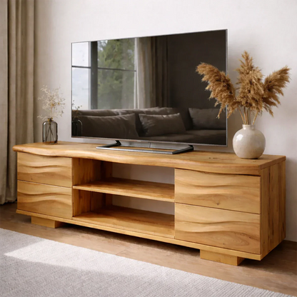 Handcrafted Solid Wood TV Stand with Double Drawer Storage and Open Center Shelves - Elitegemse