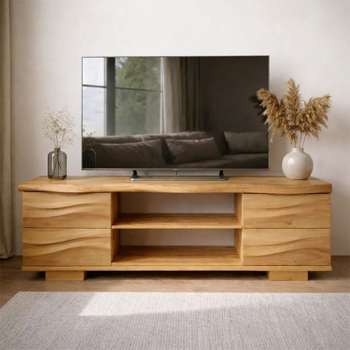 Handcrafted Solid Wood TV Stand with Double Drawer Storage and Open Center Shelves - Elitegemse