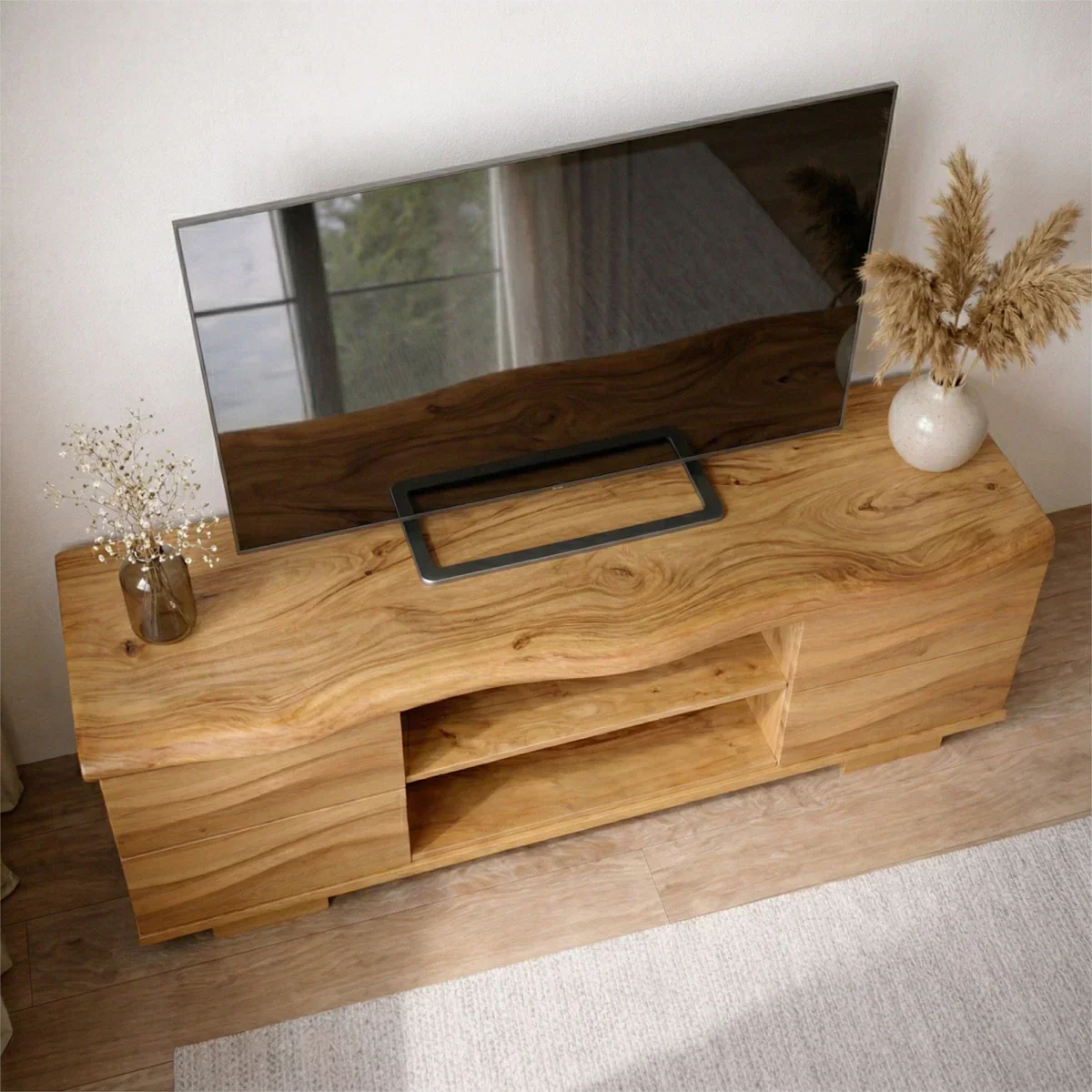 Handcrafted Solid Wood TV Stand with Double Drawer Storage and Open Center Shelves - Elitegemse