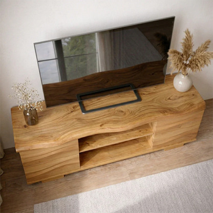 Handcrafted Solid Wood TV Stand with Double Drawer Storage and Open Center Shelves - Elitegemse