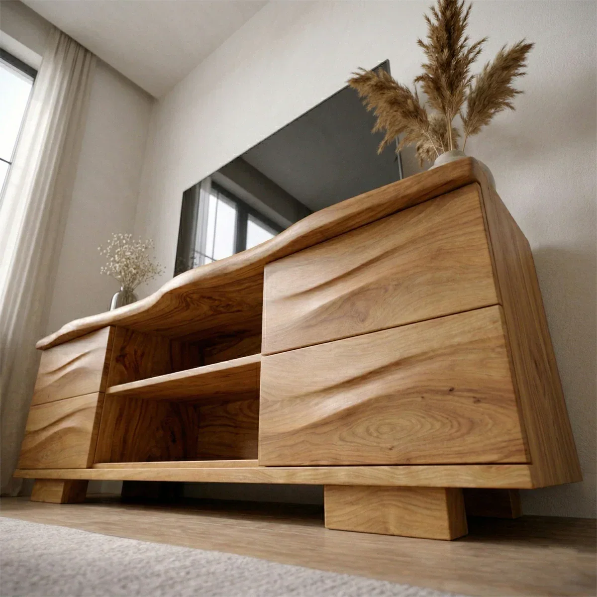 Handcrafted Solid Wood TV Stand with Double Drawer Storage and Open Center Shelves - Elitegemse