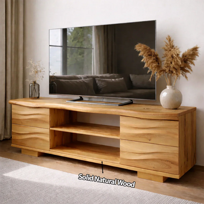 Handcrafted Solid Wood TV Stand with Double Drawer Storage and Open Center Shelves - Elitegemse