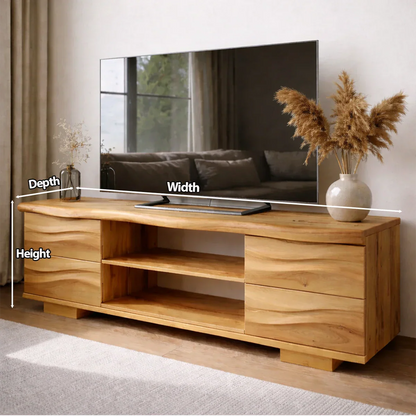 Handcrafted Solid Wood TV Stand with Double Drawer Storage and Open Center Shelves - Elitegemse