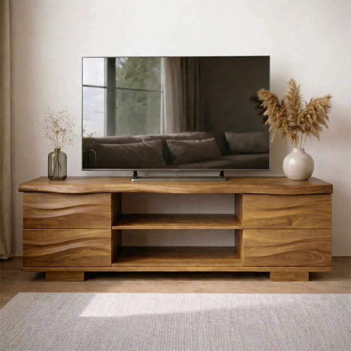 Handcrafted Solid Wood TV Stand with Double Drawer Storage and Open Center Shelves - Elitegemse