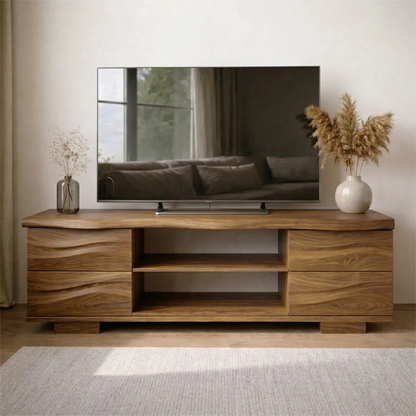 Handcrafted Solid Wood TV Stand with Double Drawer Storage and Open Center Shelves - Elitegemse