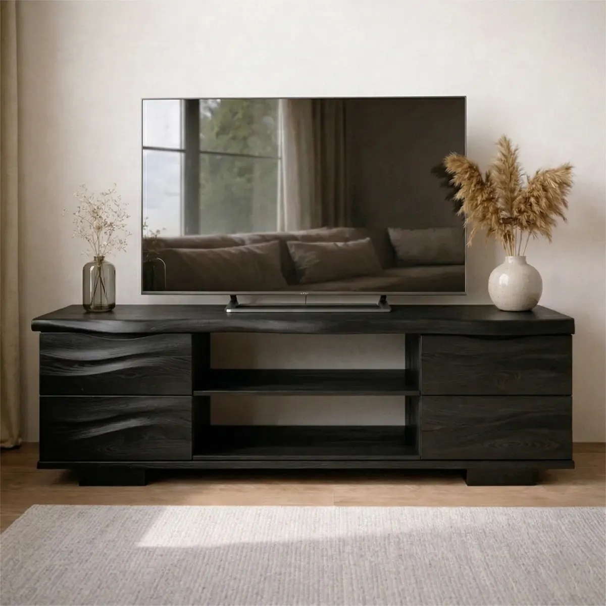Handcrafted Solid Wood TV Stand with Double Drawer Storage and Open Center Shelves - Elitegemse