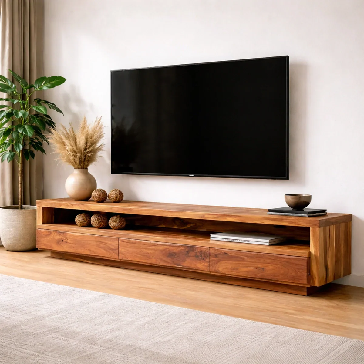 Handcrafted Solid Wood TV Stand with Full-Length Open Shelf and Hidden Drawer Storage - Elitegemse