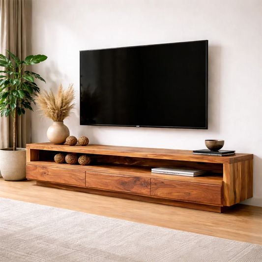 Handcrafted Solid Wood TV Stand with Full-Length Open Shelf and Hidden Drawer Storage - Elitegemse