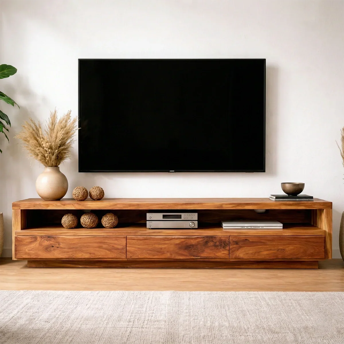 Handcrafted Solid Wood TV Stand with Full-Length Open Shelf and Hidden Drawer Storage - Elitegemse