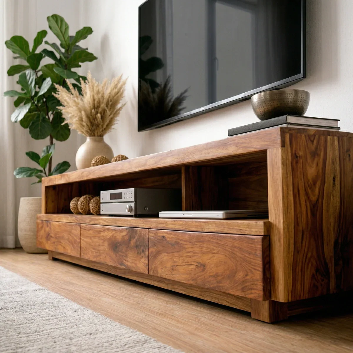 Handcrafted Solid Wood TV Stand with Full-Length Open Shelf and Hidden Drawer Storage - Elitegemse