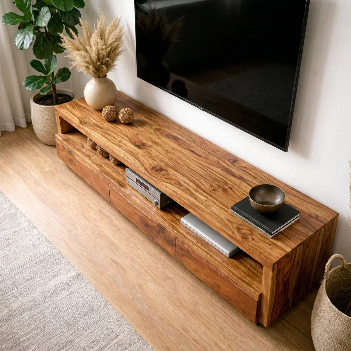 Handcrafted Solid Wood TV Stand with Full-Length Open Shelf and Hidden Drawer Storage - Elitegemse