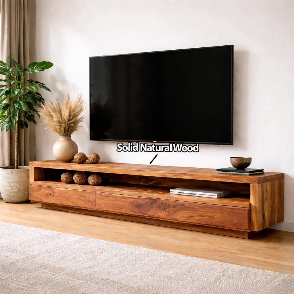 Handcrafted Solid Wood TV Stand with Full-Length Open Shelf and Hidden Drawer Storage - Elitegemse