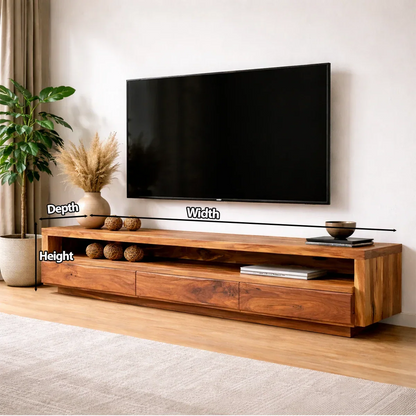 Handcrafted Solid Wood TV Stand with Full-Length Open Shelf and Hidden Drawer Storage - Elitegemse