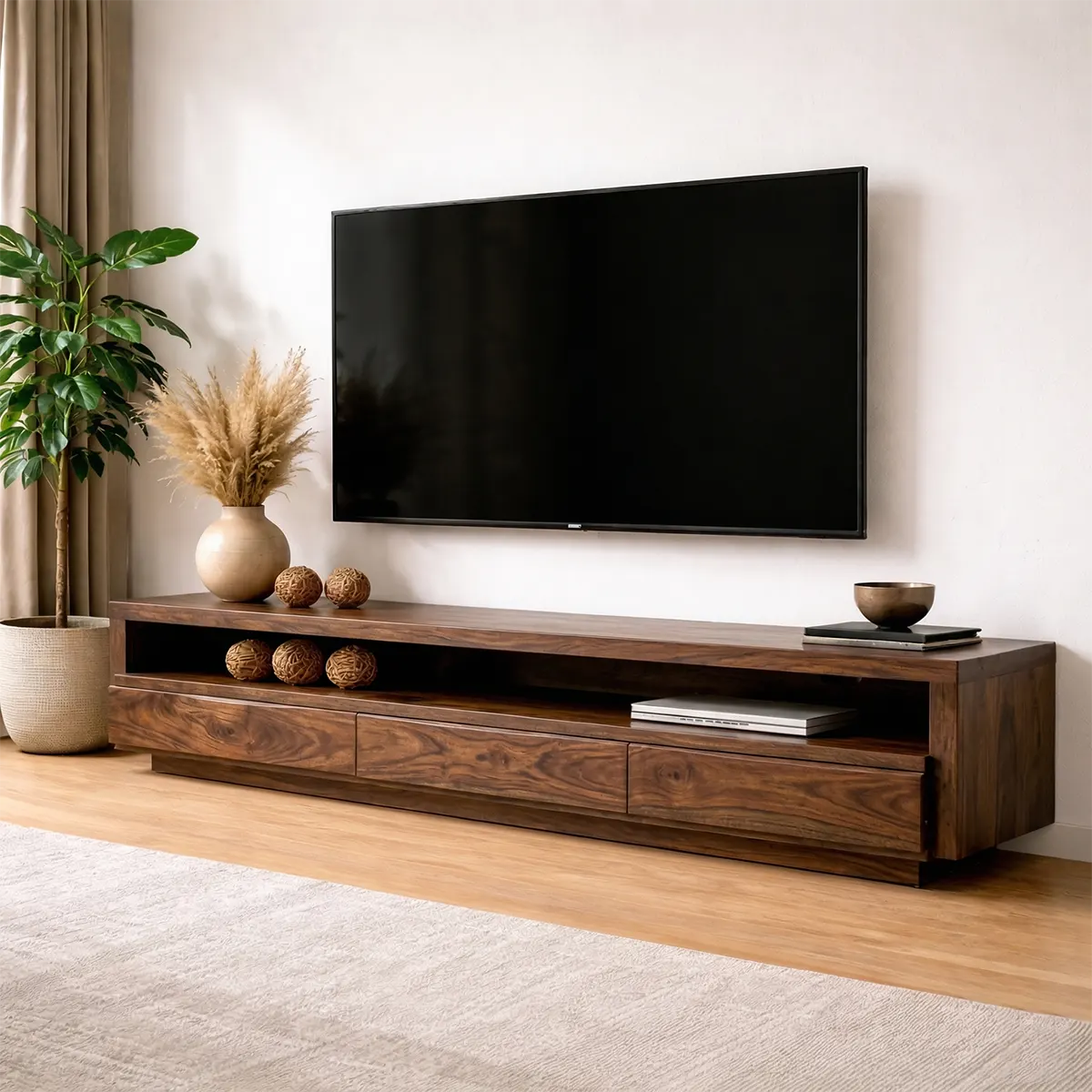 Handcrafted Solid Wood TV Stand with Full-Length Open Shelf and Hidden Drawer Storage - Elitegemse