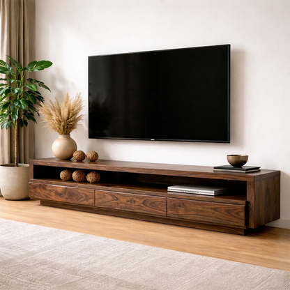Handcrafted Solid Wood TV Stand with Full-Length Open Shelf and Hidden Drawer Storage - Elitegemse