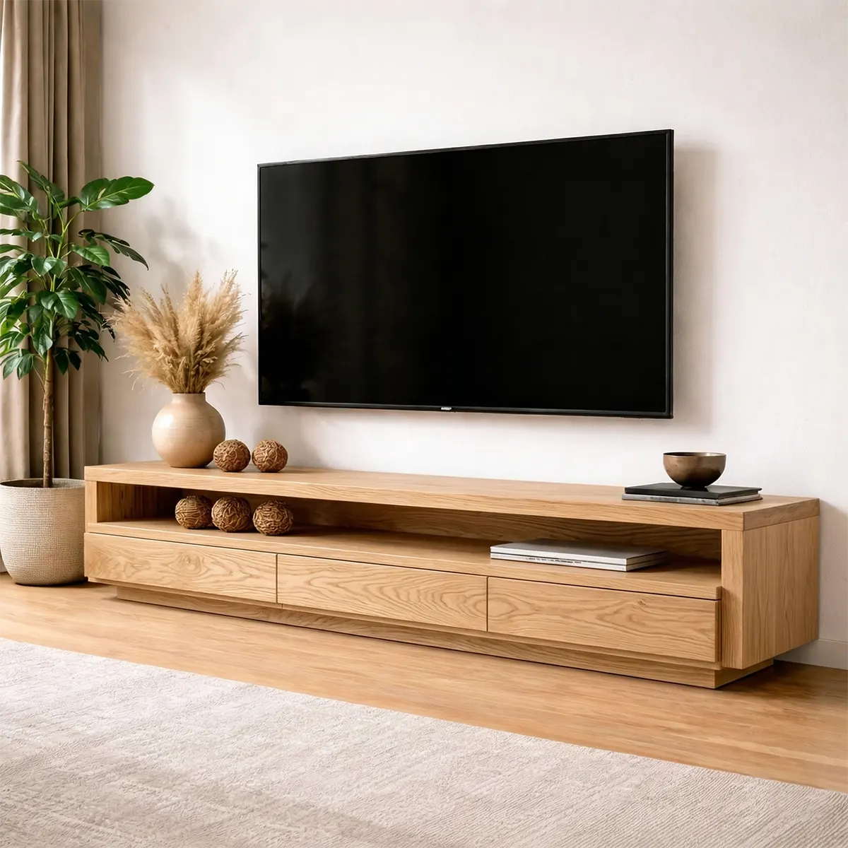 Handcrafted Solid Wood TV Stand with Full-Length Open Shelf and Hidden Drawer Storage - Elitegemse