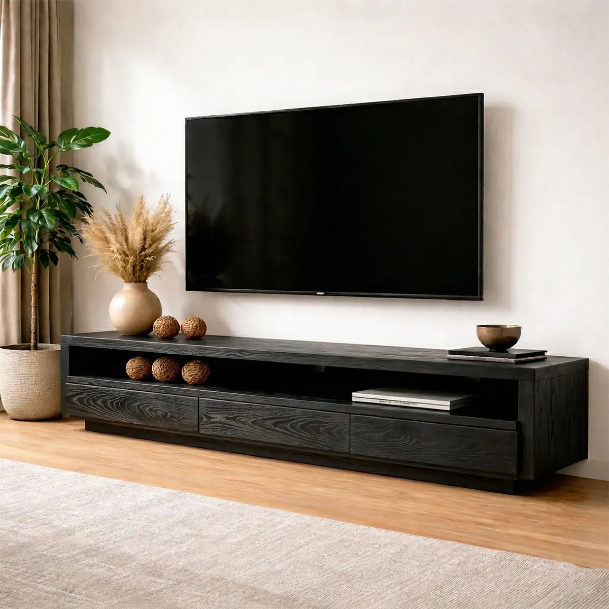 Handcrafted Solid Wood TV Stand with Full-Length Open Shelf and Hidden Drawer Storage - Elitegemse