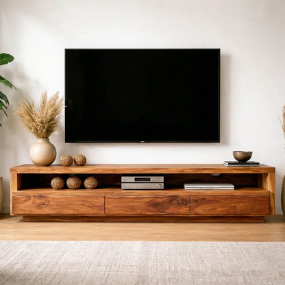 Handcrafted Solid Wood TV Stand with Full-Length Open Shelf and Hidden Drawer Storage - Woodenecho