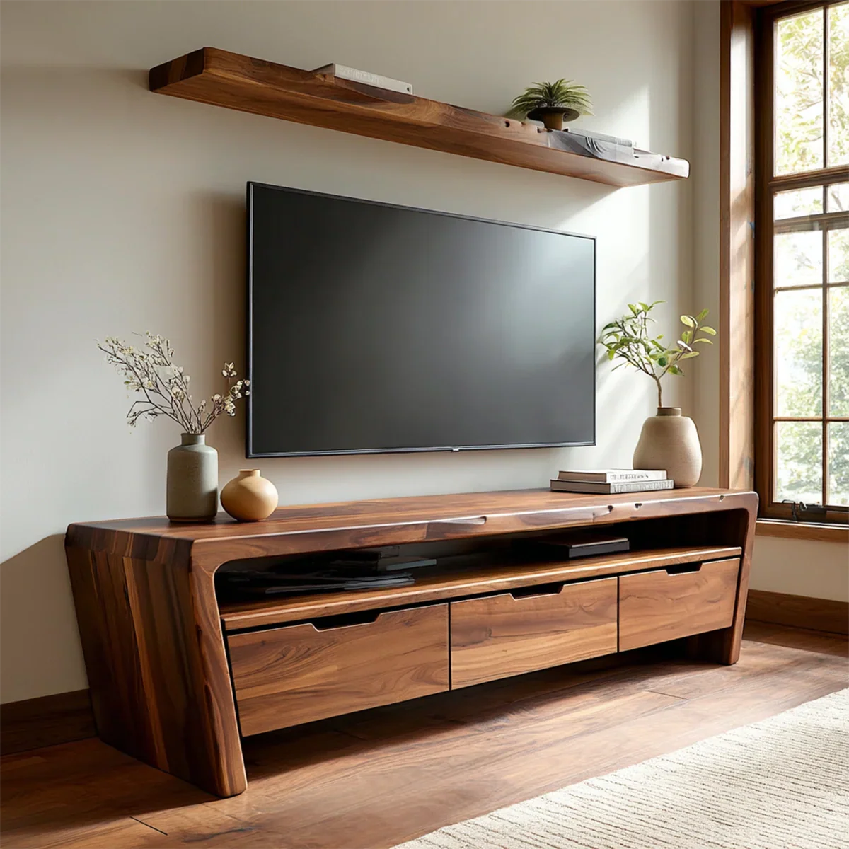 Handcrafted Solid Wood TV Stand with Rounded Frame and Hidden Drawer Storage - Elitegemse