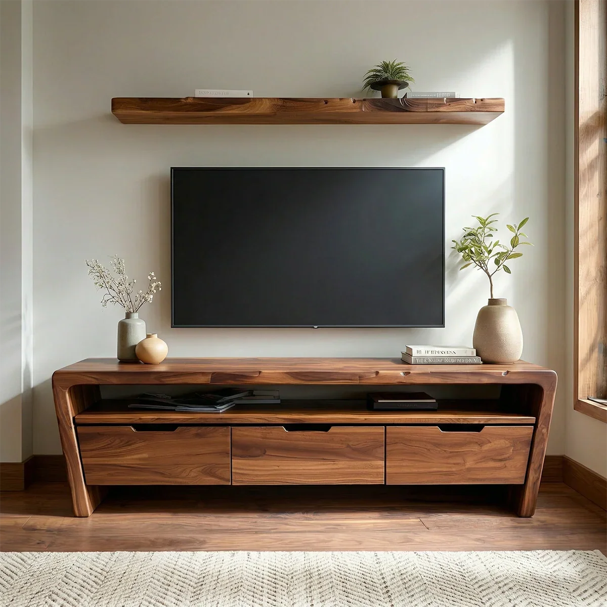 Handcrafted Solid Wood TV Stand with Rounded Frame and Hidden Drawer Storage - Elitegemse