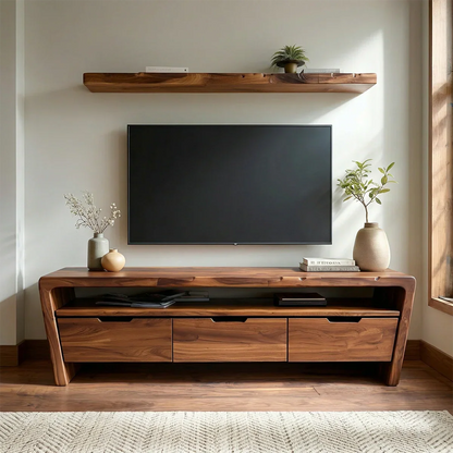 Handcrafted Solid Wood TV Stand with Rounded Frame and Hidden Drawer Storage - Elitegemse